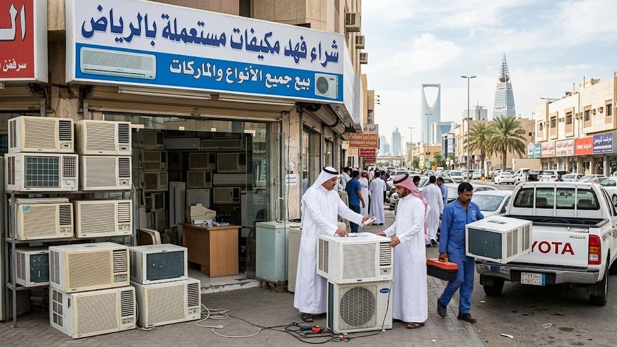 محل مكيفك كاش لشراء المكيفات المستعملة بالرياض وفريق العمل أثناء تحميل المكيفات